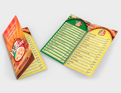 Cardápio Wire-o com 12 Páginas em PVC 0,3mm Verniz Total Frente e Verso 13,7x29,4cm - 4x4 - 25 unid